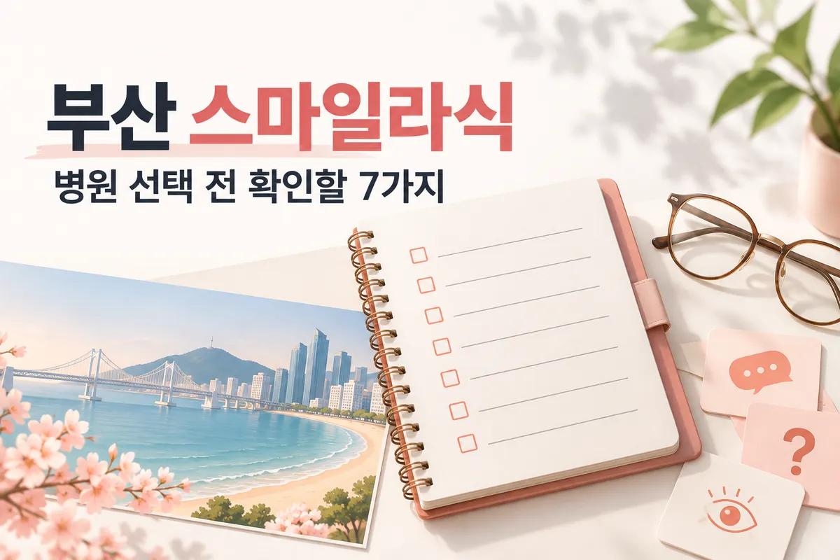 부산 풍경 일러스트와 안경, 일곱 항목의 상담 체크리스트를 담은 스마일라식 병원 선택 안내 표지