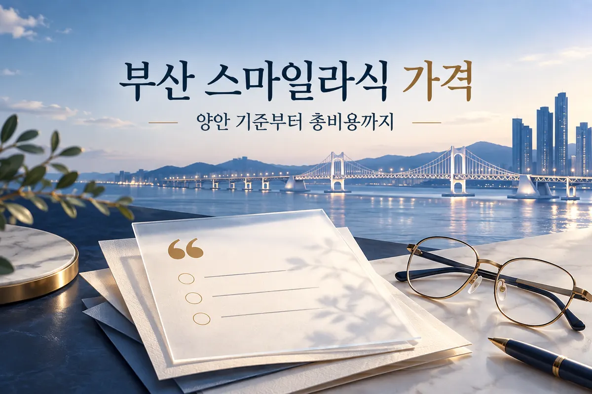 부산 바다와 다리 일러스트, 안경과 견적 확인 서류를 담은 스마일라식 가격 안내 표지